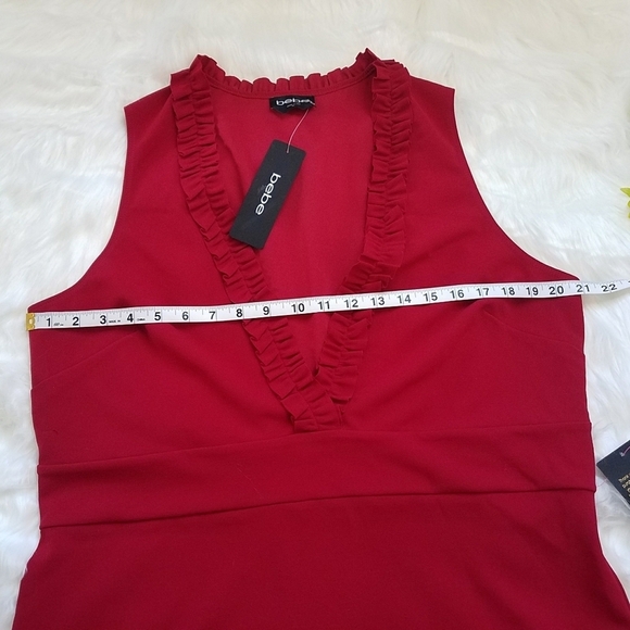 BEBE Plunging Ruffle V Neck Bodycon Dress - Picture 9 of 14